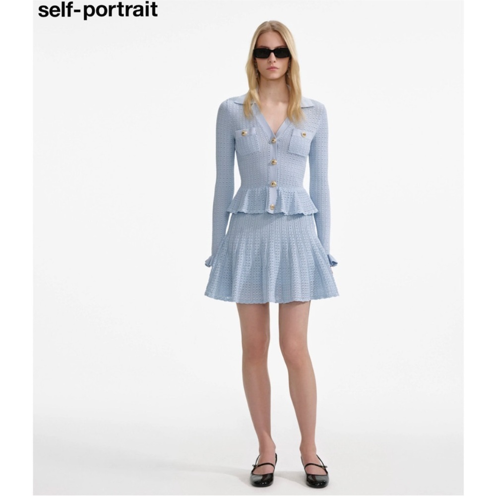 Self Portrait Blue Pointelle Knit Mini Dress, Size Small